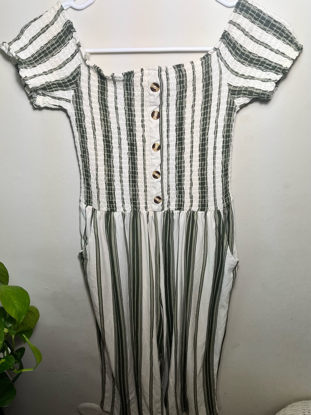 Striped Off-Shoulder Jumpsuit in Olive & White